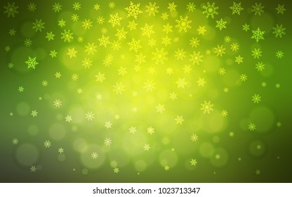 Light Green, Yellow vector cover with beautiful snowflakes. Glitter abstract illustration with crystals of ice. New year design for your business advert.