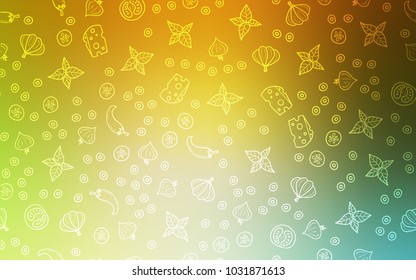 Light Green, Yellow vector cover with cuisine gourmet. Beautiful colored illustration with food in doodle style. Doodle design for your business advert of cafes.