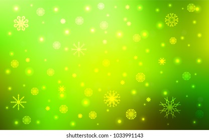 Light Green, Yellow vector cover with beautiful snowflakes. Decorative shining illustration with snow on abstract template. The template can be used as a new year background.