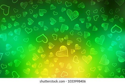 Light Green, Yellow vector cover with Shining hearts. Illustration with hearts in love concept for valentine's day. Design for ad, poster, banner of Valentine Day.