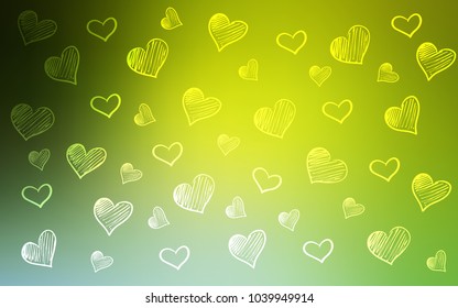 Light Green, Yellow vector cover with Shining hearts. Illustration with hearts in love concept for valentine's day. Pattern for marriage gifts, congratulations.