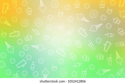 Light Green, Yellow vector cover with set of confections. Glitter abstract sketch with sweets, candies, desserts. Pattern for menu of cafes and restaurants.