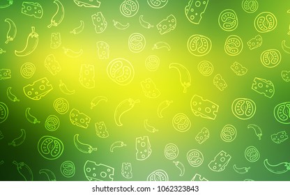 Light Green, Yellow vector cover with cuisine gourmet. Illustration with set of fresh food in doodle style. Pattern for ads of breakfast, lunch, dinner.