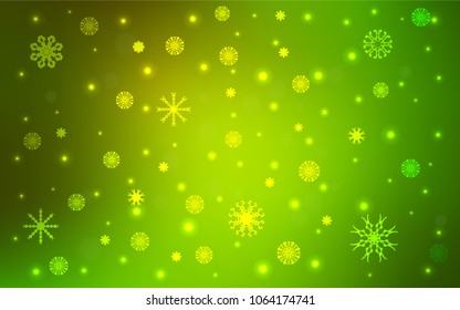 Light Green, Yellow vector cover with beautiful snowflakes. Snow on blurred abstract background with gradient. The pattern can be used for new year leaflets.