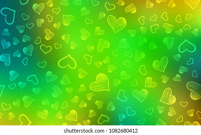 Light Green, Yellow vector cover with Shining hearts. Hearts on blurred abstract background with colorful gradient. Design for ad, poster, banner of Valentine Day.
