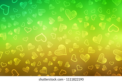 Light Green, Yellow vector cover with Shining hearts. Hearts on blurred abstract background with colorful gradient. Pattern for marriage gifts, congratulations.