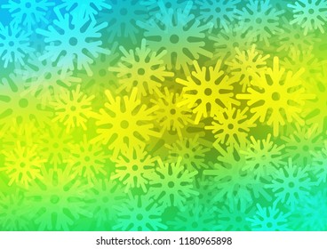 Light Green, Yellow vector cover with beautiful snowflakes. Decorative shining illustration with snow on abstract template. The pattern can be used for new year leaflets.