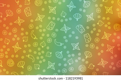 Light Green, Yellow vector cover with cuisine gourmet. Beautiful colored illustration with food in doodle style. Pattern for ad, booklets, leaflets of restaurants.