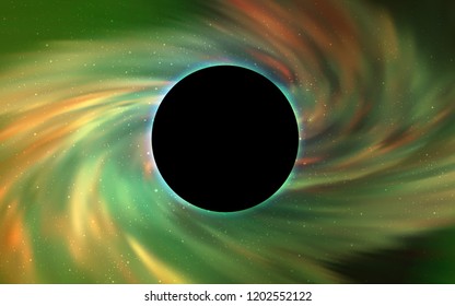 Light Green, Yellow vector cover with a black hole, nebula. Colorful black hole with shining night sky stars. Backdrop for super sales on Black Friday.