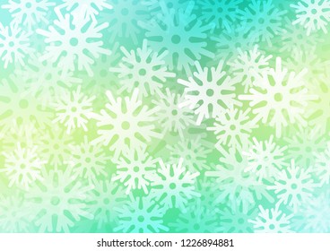 Light Green, Yellow vector cover with beautiful snowflakes. Snow on blurred abstract background with gradient. The pattern can be used for year new  websites.