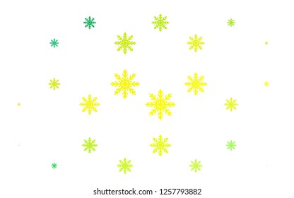 Light Green, Yellow vector cover with beautiful snowflakes. Decorative shining illustration with snow on abstract template. The template can be used as a new year background.