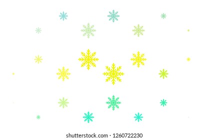 Light Green, Yellow vector cover with beautiful snowflakes. Decorative shining illustration with snow on abstract template. New year design for your ad, poster, banner.