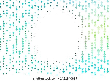 Light Green, Yellow vector cover with symbols of gamble. Glitter abstract sketch with isolated symbols of playing cards. Pattern for booklets, leaflets of gambling houses.