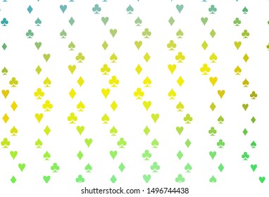 Light Green, Yellow vector cover with symbols of gamble. Blurred decorative design of hearts, spades, clubs, diamonds. Pattern for ads of parties, events in Vegas.