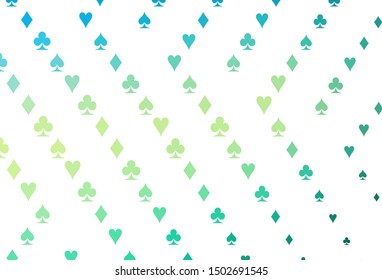 Light Green, Yellow vector cover with symbols of gamble. Glitter abstract sketch with isolated symbols of playing cards. Pattern for leaflets of poker games, events.