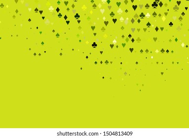 Light Green, Yellow vector cover with symbols of gamble. Illustration with set of hearts, spades, clubs, diamonds. Template for business cards of casinos.