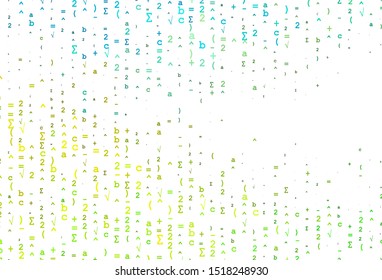 Light Green, Yellow vector cover with math elements. Abstract illustration with colored algebra signs. Smart design for your university promotion.