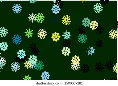 Light Green, Yellow vector cover with beautiful snowflakes. Blurred decorative design in xmas style with snow. New year design for your ad, poster, banner.