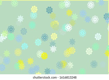 Light Green, Yellow vector cover with beautiful snowflakes. Glitter abstract illustration with crystals of ice. The pattern can be used for year new  websites.