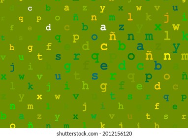 Hellgrüne, gelbe Vektorgrafik mit englischen Symbolen. Abstrakte Illustration mit farbigem lateinischen Alphabet. Vorlage kann als Hintergrund für Anzeigen von Typografie verwendet werden.