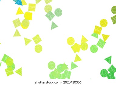 Verde claro, cubierta vectorial amarilla en estilo poligonal con círculos. Ilustración abstracta con puntos coloridos, líneas, cubos. Mejor diseño para tu anuncio, afiche, banner.
