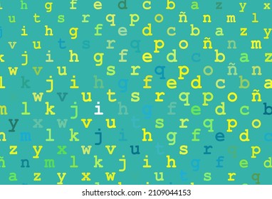 Portada vectorial verde claro, amarilla con símbolos ingleses. Ilustración geométrica moderna con símbolos ABC en inglés. El patrón puede utilizarse para anuncios, folletos, folletos de educación.