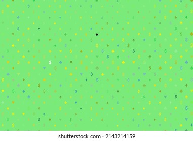 Light green, yellow vector cover with symbols of gamble. Glitter abstract sketch with isolated symbols of playing cards. Pattern for leaflets of poker games, events.