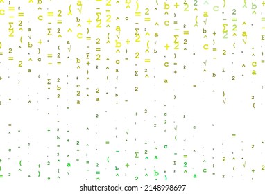 Verde claro, cubierta vectorial amarilla con elementos matemáticos. Ilustración colorida brillante con signos de Dígito aislados. Diseño inteligente para tu promoción universitaria.