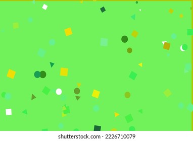Verde claro, cubierta vectorial amarilla en estilo poligonal con círculos. Ilustración con un conjunto de círculos coloridos, triángulos, cuadrados. Diseño inteligente para su anuncio comercial.