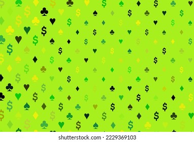 Portada vectorial verde claro, amarilla con símbolos de juego. Ilustración de color con corazones, espadas, palos, diamantes. Patrón de folletos, volantes de casas de juego.