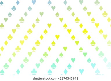 Light Green, Yellow vector cover with symbols of gamble. Colorful gradient with signs of hearts, spades, clubs, diamonds. Design for ad, poster, banner of gambling websites.