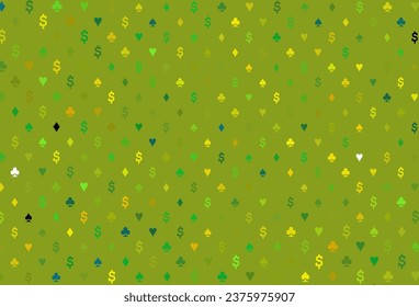 Light green, yellow vector cover with symbols of gamble. Illustration with set of hearts, spades, clubs, diamonds. Design for ad, poster, banner of gambling websites.