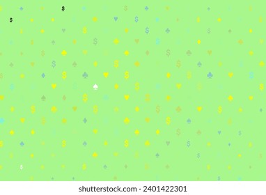 Light green, yellow vector cover with symbols of gamble. Glitter abstract sketch with isolated symbols of playing cards. Smart design for your business advert of casinos.