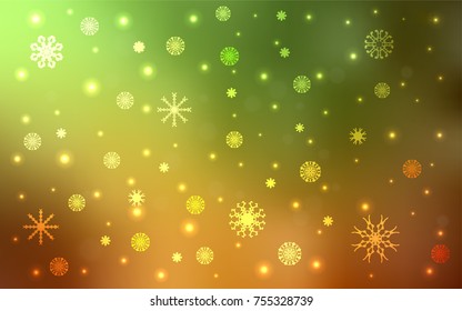 Light Green, Yellow vector cover with beautiful snowflakes. Blurred decorative design in xmas style with snow. The pattern can be used for new year ad, booklets.