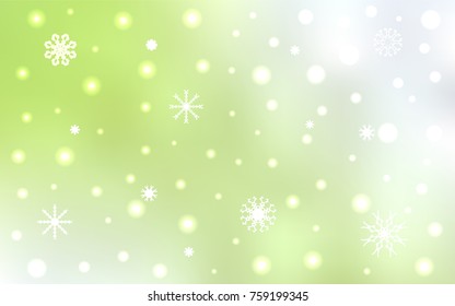 Light Green, Yellow vector cover with beautiful snowflakes. Blurred decorative design in xmas style with snow. The pattern can be used for new year ad, booklets.