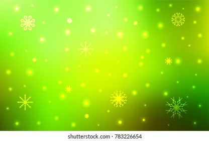 Light Green, Yellow vector cover with beautiful snowflakes. Decorative shining illustration with snow on abstract template. The pattern can be used for new year ad, booklets.