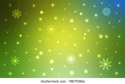 Light Green, Yellow vector cover with beautiful snowflakes. Modern geometrical abstract illustration with crystals of ice. New year design for your business advert.