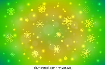 Light Green, Yellow vector cover with beautiful snowflakes. Blurred decorative design in xmas style with snow. The pattern can be used for new year ad, booklets.