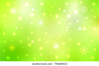 Light Green, Yellow vector cover with beautiful snowflakes. Shining colored illustration with snow in christmas style. New year design for your business advert.