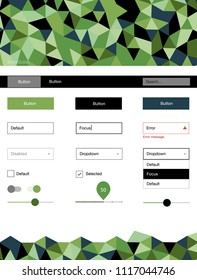 Light Green, Yellow vector design ui kit with mosaic. Ui Ux kit with colorful polygonal background in its header. Simple colorful design for websites.