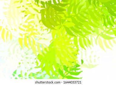 Hellgrüner, gelber Vektorillustration doodle Hintergrund mit Blättern. Doodle Illustration der Blätter im Origami-Stil mit Farbverlauf. Neues Design für Ihr Unternehmen.
