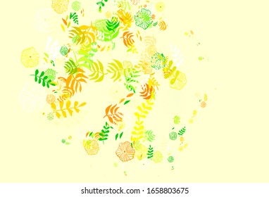 Hellgrüner, gelber Vektorillustration doodle Hintergrund mit Blättern. Skizzenhafte Doodles mit Blättern auf unscharfem Hintergrund. Neues Design für Ihr Unternehmen.
