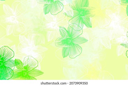 Verde claro, fondo de doodle vectorial amarillo con flores. Flores de estilo natural sobre fondo blanco. Patrón elegante para tu libro de marca.