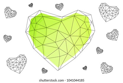Light Green, Yellow vector greeting Card Happy Valentine's Day. Lettering with hearts on the white polygonal background. Colored triangular illustration for your business.