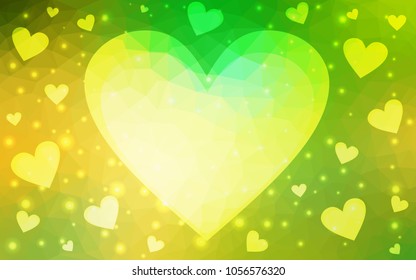 Light Green, Yellow vector greeting Card Happy Valentine's Day. Lettering with hearts on the white polygonal background. Colored triangular illustration for your business.