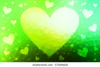 Light green, yellow vector greeting Card Happy Valentine's Day. Lettering with hearts on the white polygonal background. Colored triangular illustration for your business.