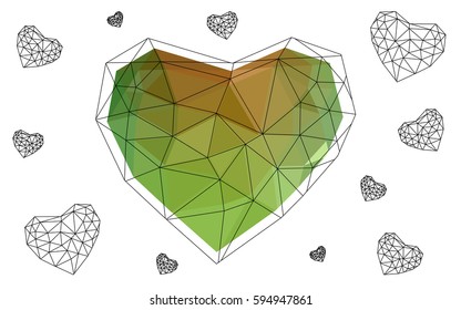 Light Green, Yellow vector greeting Card Happy Valentine's Day. Lettering with hearts on the white polygonal background. Colored triangular illustration for your business.