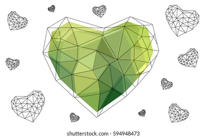 Light Green, Yellow vector greeting Card Happy Valentine's Day. Lettering with hearts on the white polygonal background. Colored triangular illustration for your business.