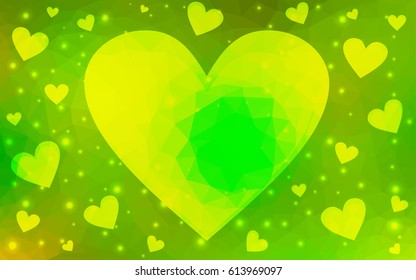 Light Green, Yellow vector greeting Card Happy Valentine's Day. Lettering with hearts on the white polygonal background. Colored triangular illustration for your business.