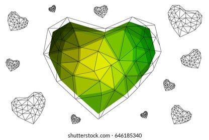 Light Green, Yellow vector greeting Card Happy Valentine's Day. Lettering with hearts on the white polygonal background. Colored triangular illustration for your business.
